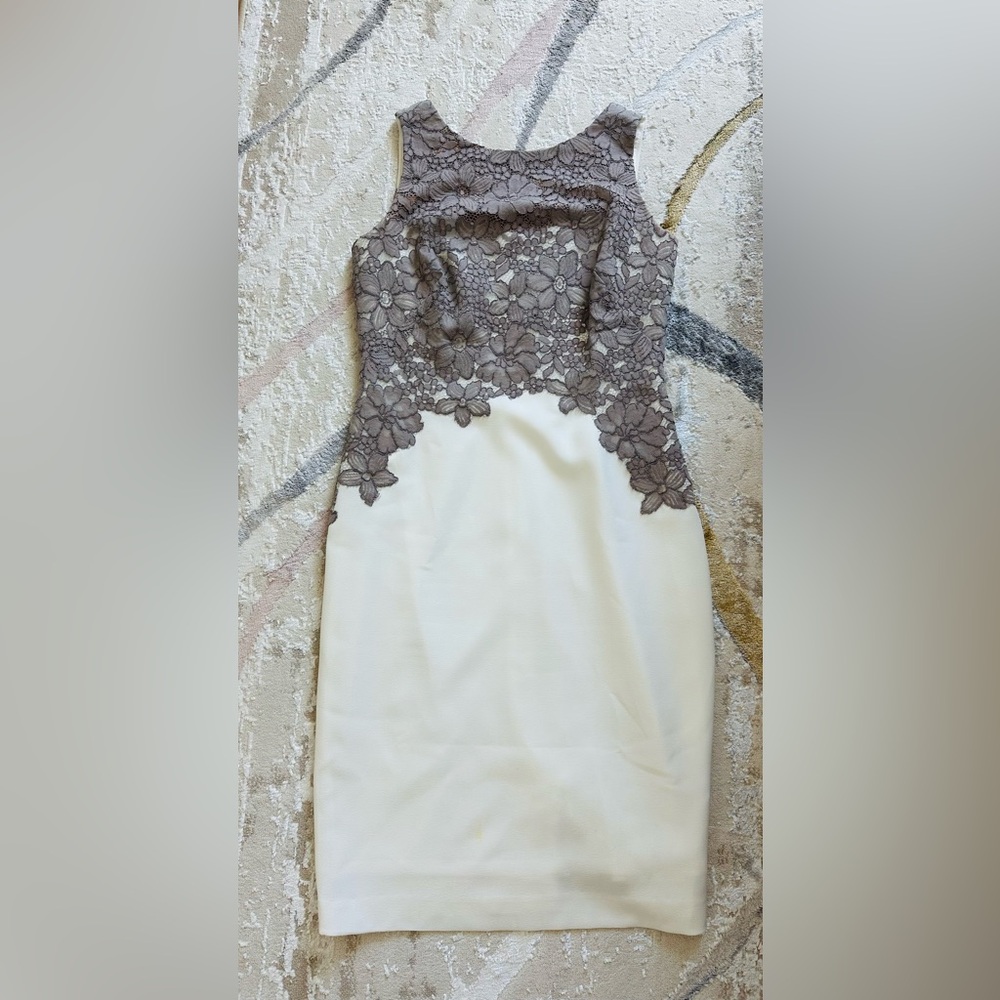 Lauren Ralph Lauren Cream Midi Dress with Taupe Lace Bodice